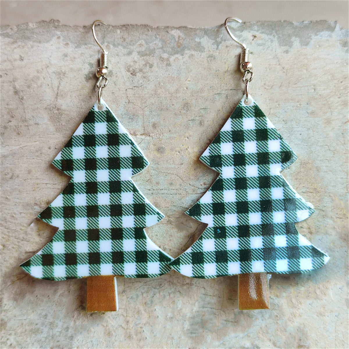 Green and White Plaid Christmas Tree Drop Earrings, drop earrings for women, elegant gift for her, front view