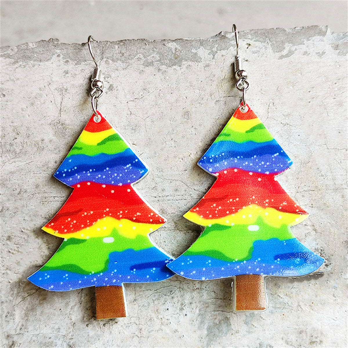 Red and Blue Christmas Tree Drop Earrings, drop earrings for women, vintage-inspired design, front view