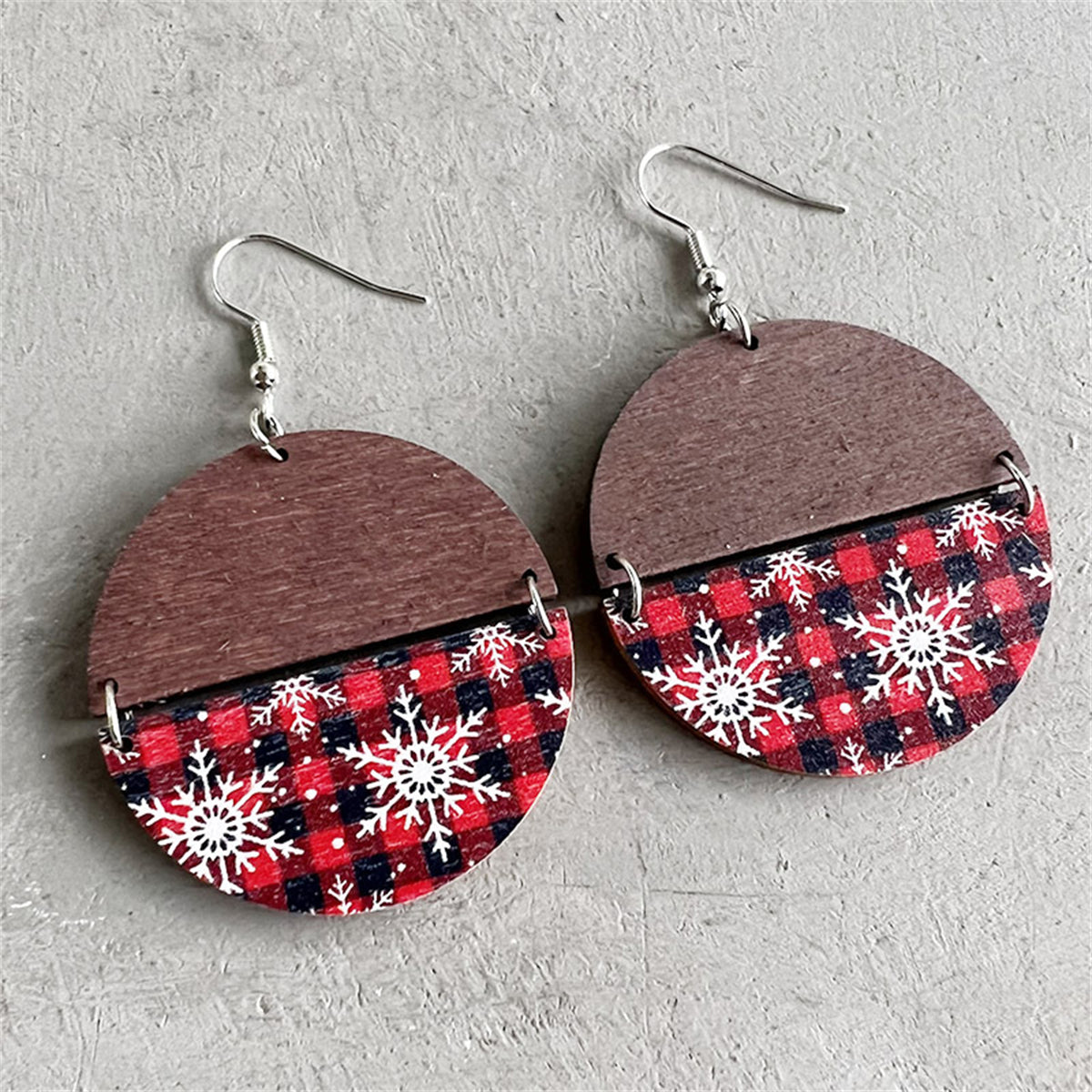 Red and Silver-Plated Plaid Snowflakes Drop Earrings, silver drop earrings for women, dainty minimalist design, front view