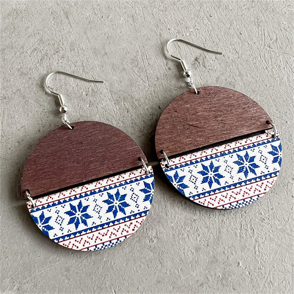 Brown and Blue Fair Isle Wood Drop Earrings, drop earrings for women, elegant gift for her, front view