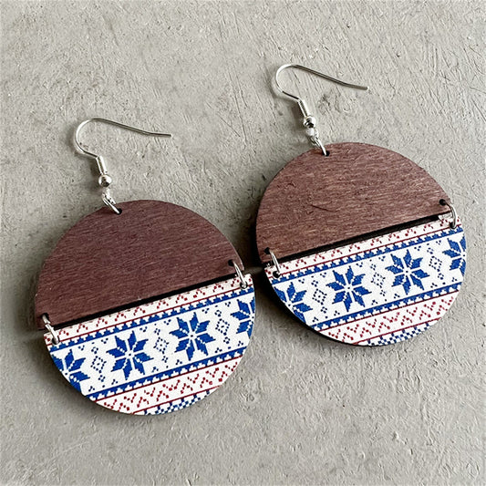 Brown and Blue Fair Isle Wood Drop Earrings, drop earrings for women, elegant gift for her, front view