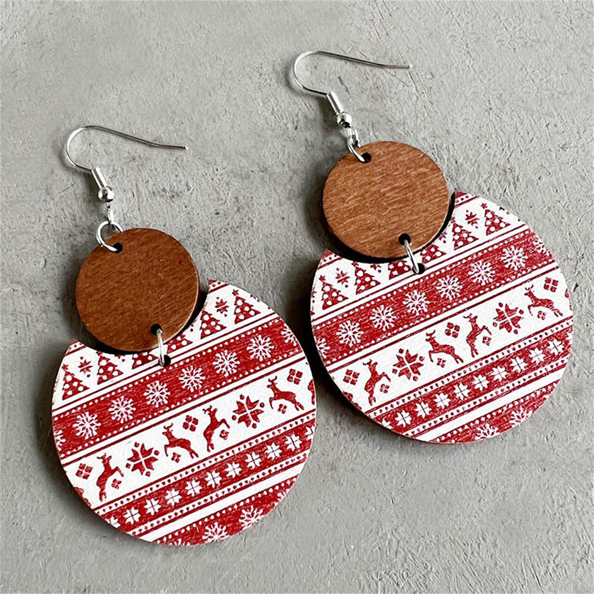 Red Wood and Silver-Plated Holiday Features Drop Earrings, silver drop earrings for women, botanical inspired, front view