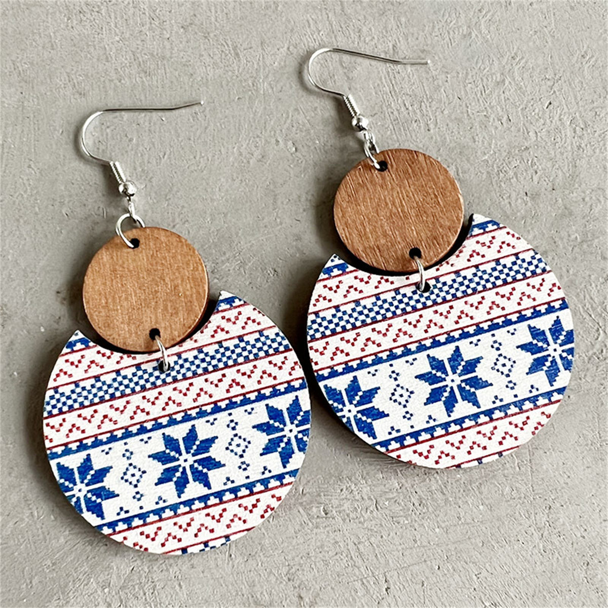 Brown and Blue Fair Isle Double-Disc Wood Drop Earrings, drop earrings for women, dainty minimalist design, front view