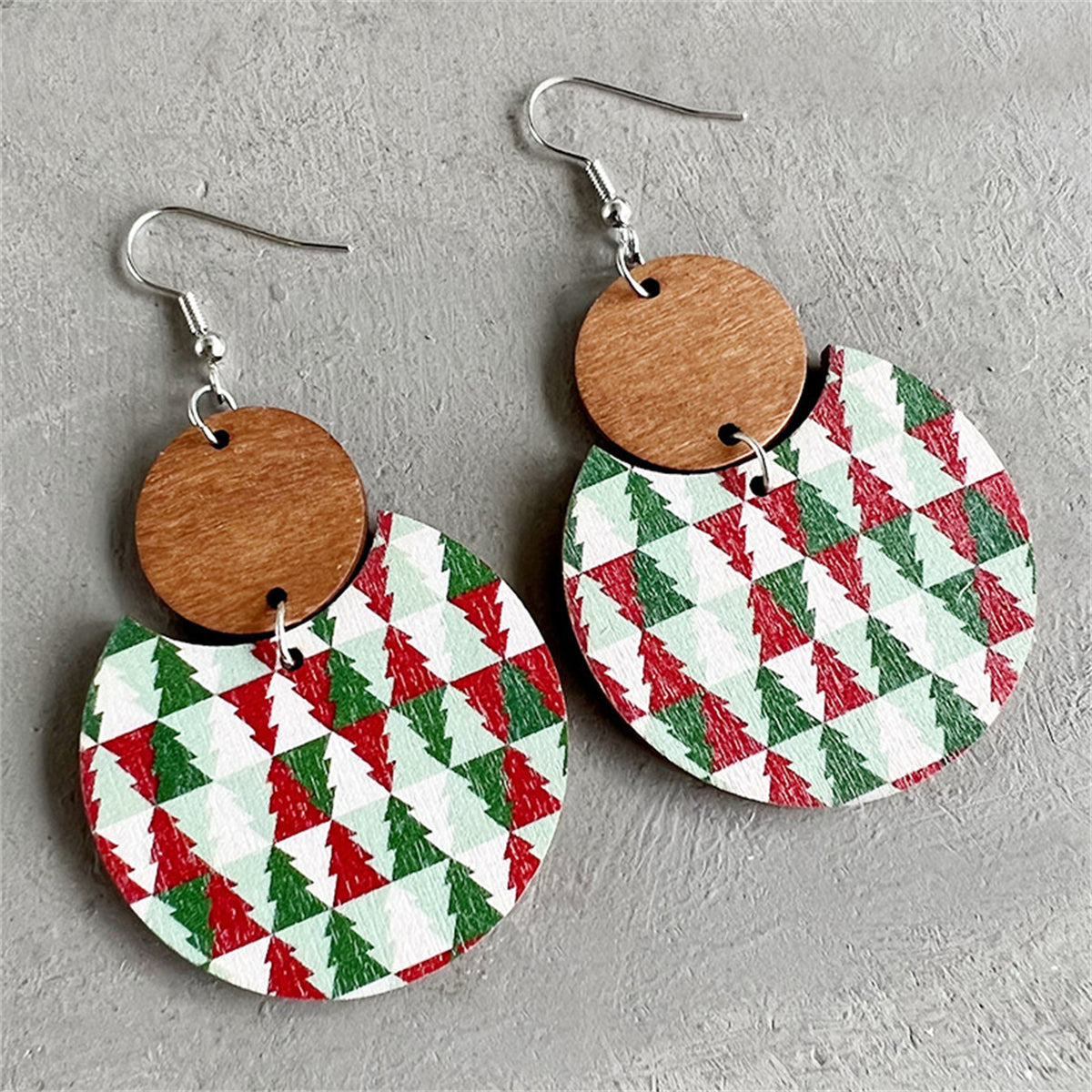 Red and Green Trees Round Drop Earrings, drop earrings for women, elegant gift for her, front view