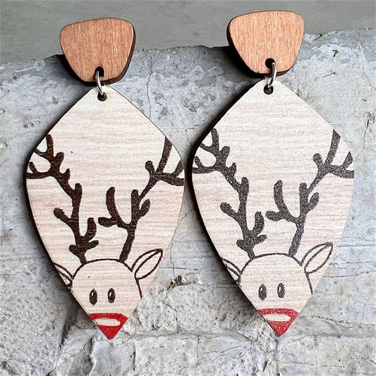 Wood and Silver-Plated Reindeer Rhombus Drop Earring, silver drop earrings for women, dainty minimalist design, front view