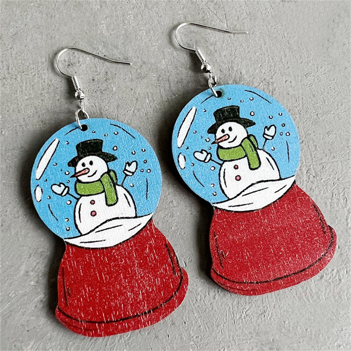 Wood and Silver-Plated Snow Globe Snowman Drop Earrings, silver drop earrings for women, elegant gift for her, front view