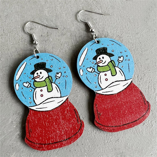 Wood and Silver-Plated Snow Globe Snowman Drop Earrings, silver drop earrings for women, elegant gift for her, front view