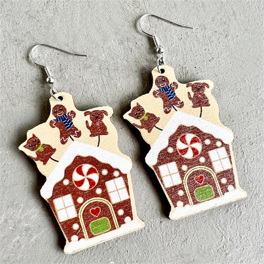Brown Wood and Silver-Plated Snow House Drop Earrings, silver drop earrings for women, everyday style, front view