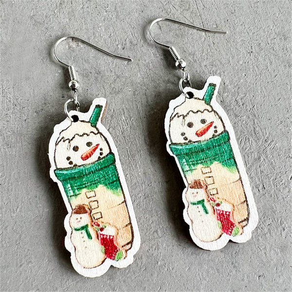 Green & Silver-Plated Snowman Drink Drop Earrings