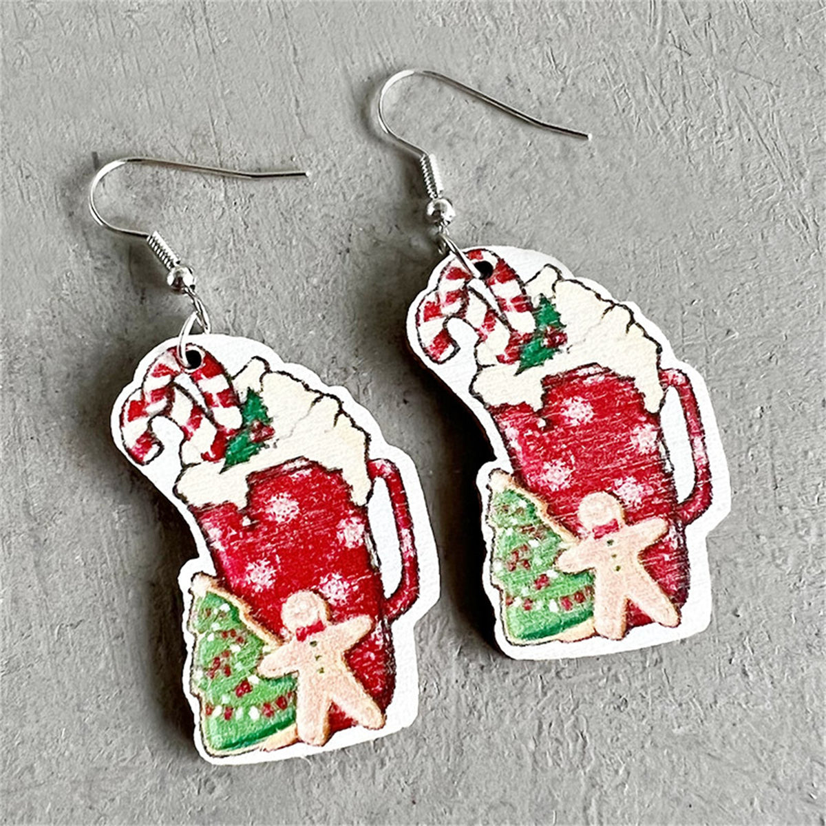 Red Wood and Silver-Plated Holiday Tree Drink Drop Earrings, silver drop earrings for women, everyday style, front view