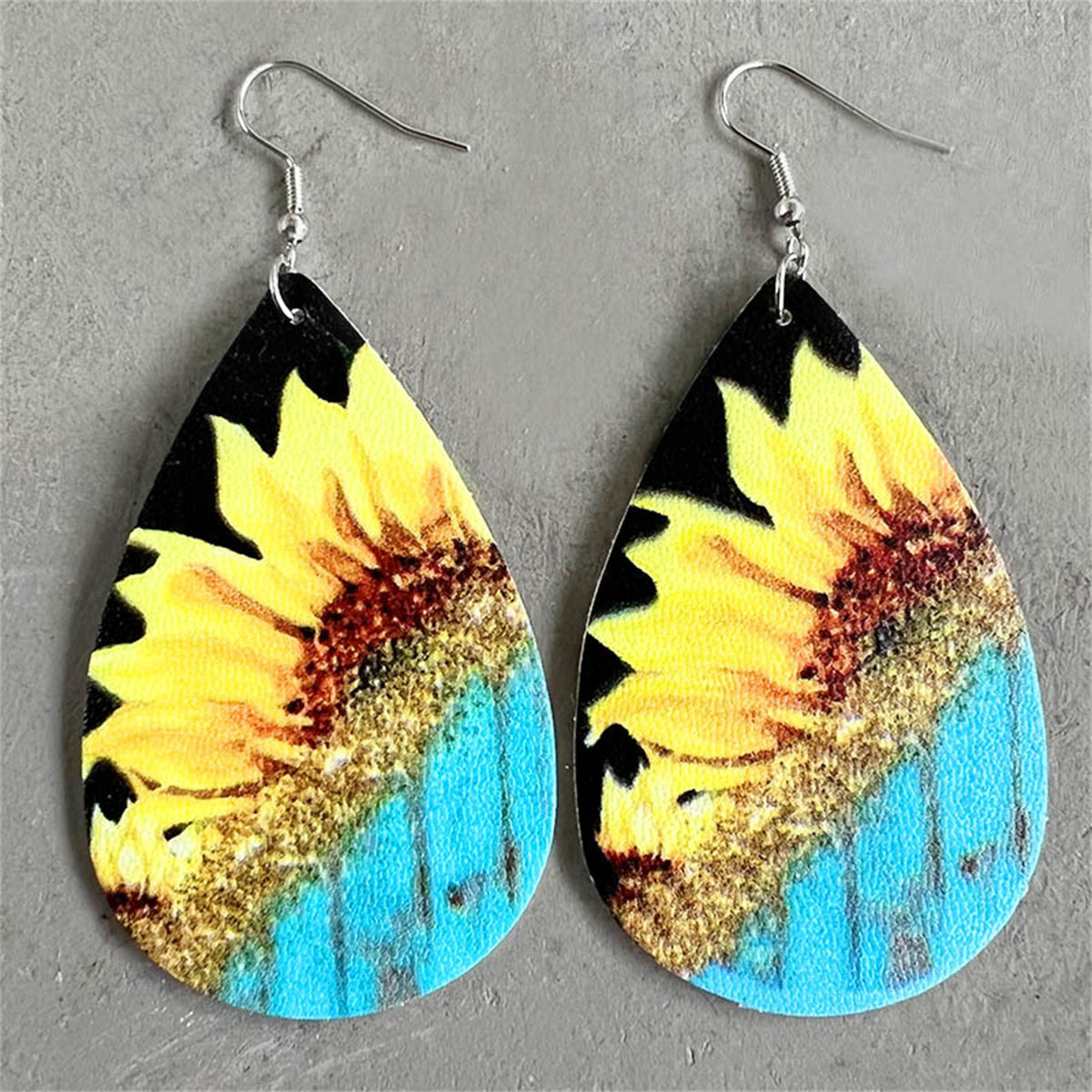 Yellow Polystyrene and Silver-Plated Sunflower Drop Earrings, silver drop earrings for women, botanical inspired, front view
