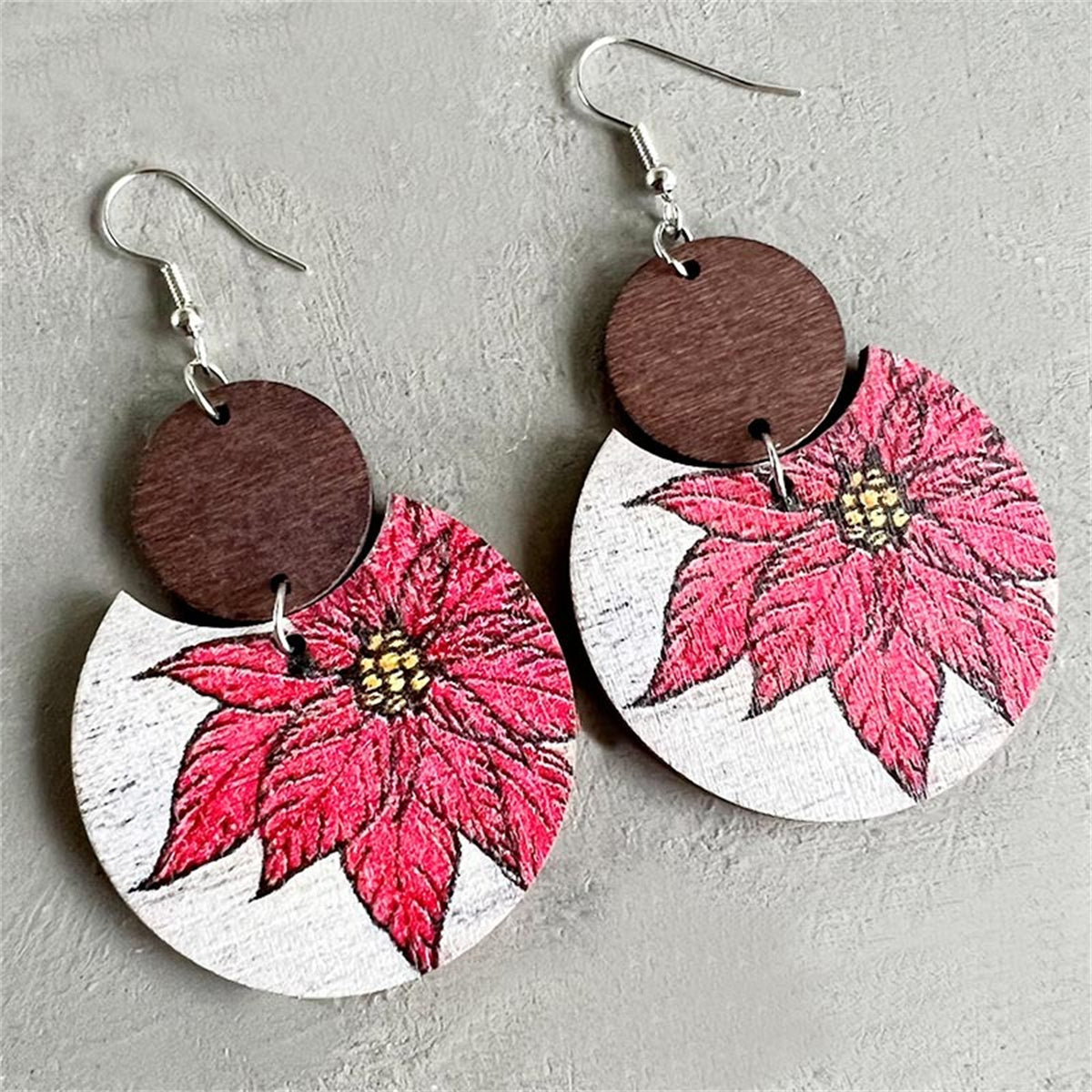 Brown Wood and Silver-Plated Plum Blossom Round Drop Earrings, silver drop earrings for women, botanical inspired, front view