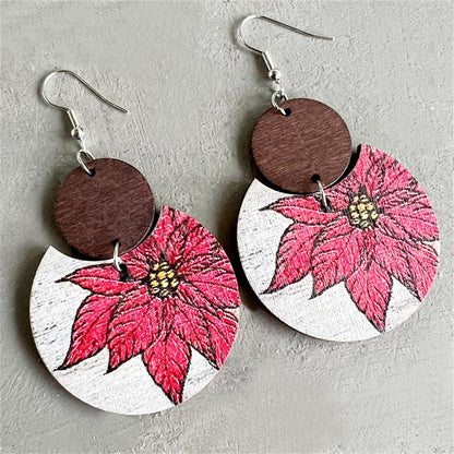 Brown Wood and Silver-Plated Plum Blossom Round Drop Earrings, silver drop earrings for women, botanical inspired, front view