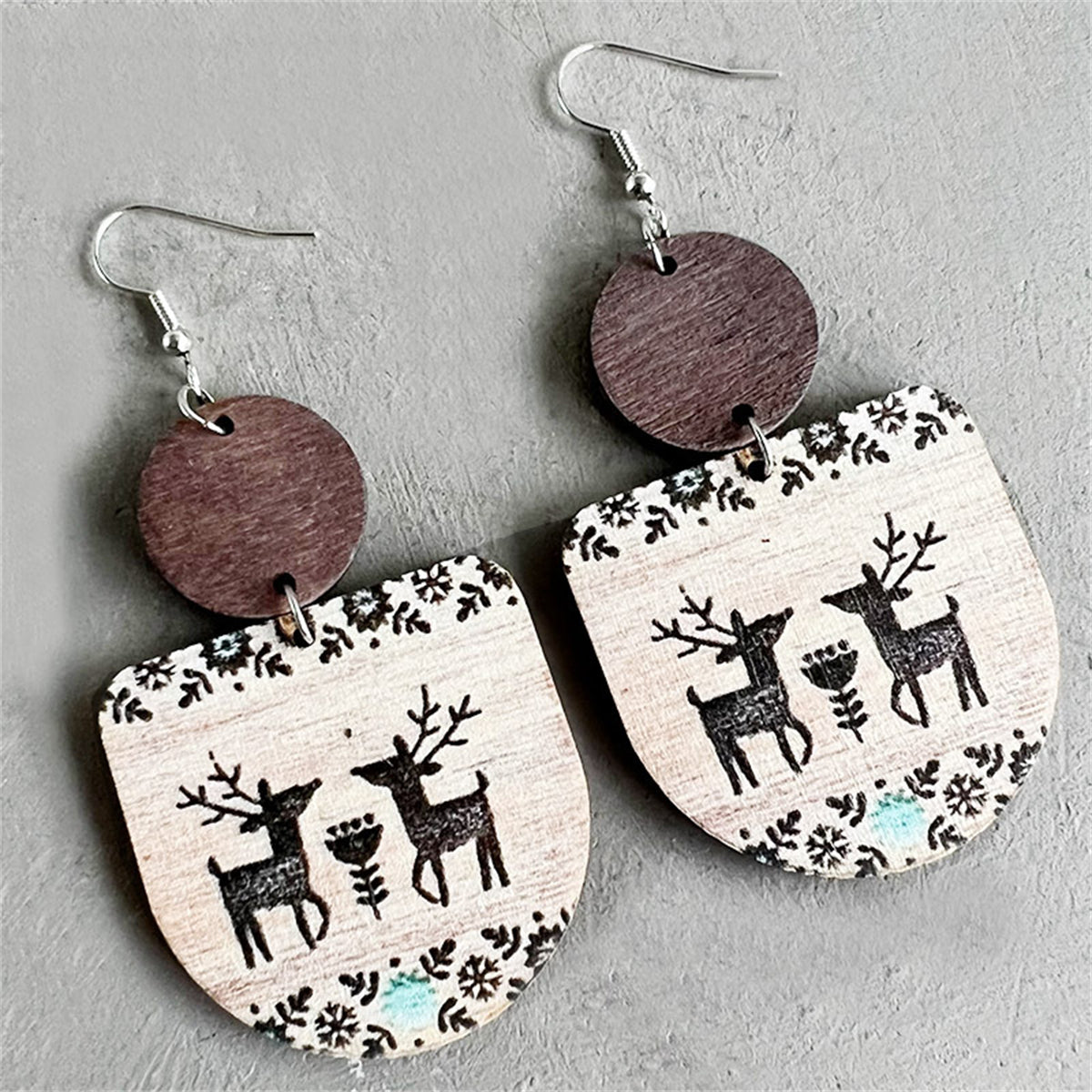 Brown and Cream Reindeer Wood Drop Earrings, drop earrings for women, everyday style, front view