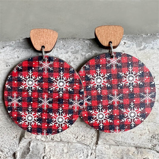 Red Buffalo Check and Snowflake Round Wood Drop Earrings, drop earrings for women, botanical inspired, front view