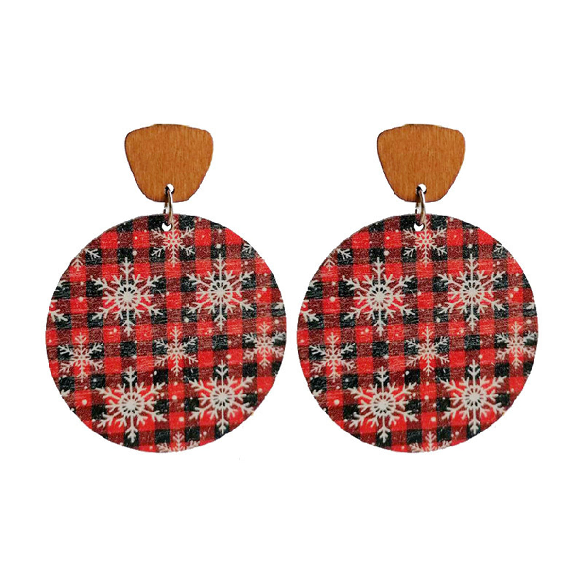 Red Buffalo Check and Snowflake Round Wood Drop Earrings, drop earrings for women, botanical inspired, side view