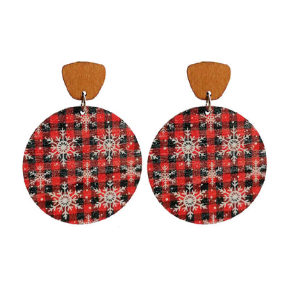 Red Buffalo Check and Snowflake Round Wood Drop Earrings, drop earrings for women, botanical inspired, side view