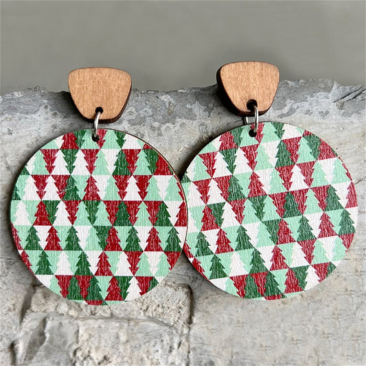 Red and Green Holiday Trees Round Drop Earrings, drop earrings for women, everyday style, front view