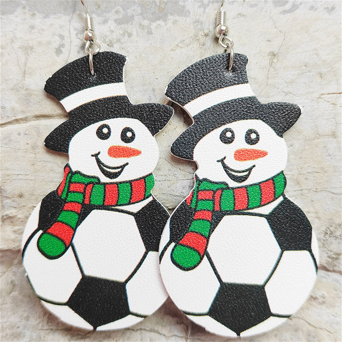 White and Black Soccer Snowman Drop Earrings, drop earrings for women, everyday style, front view