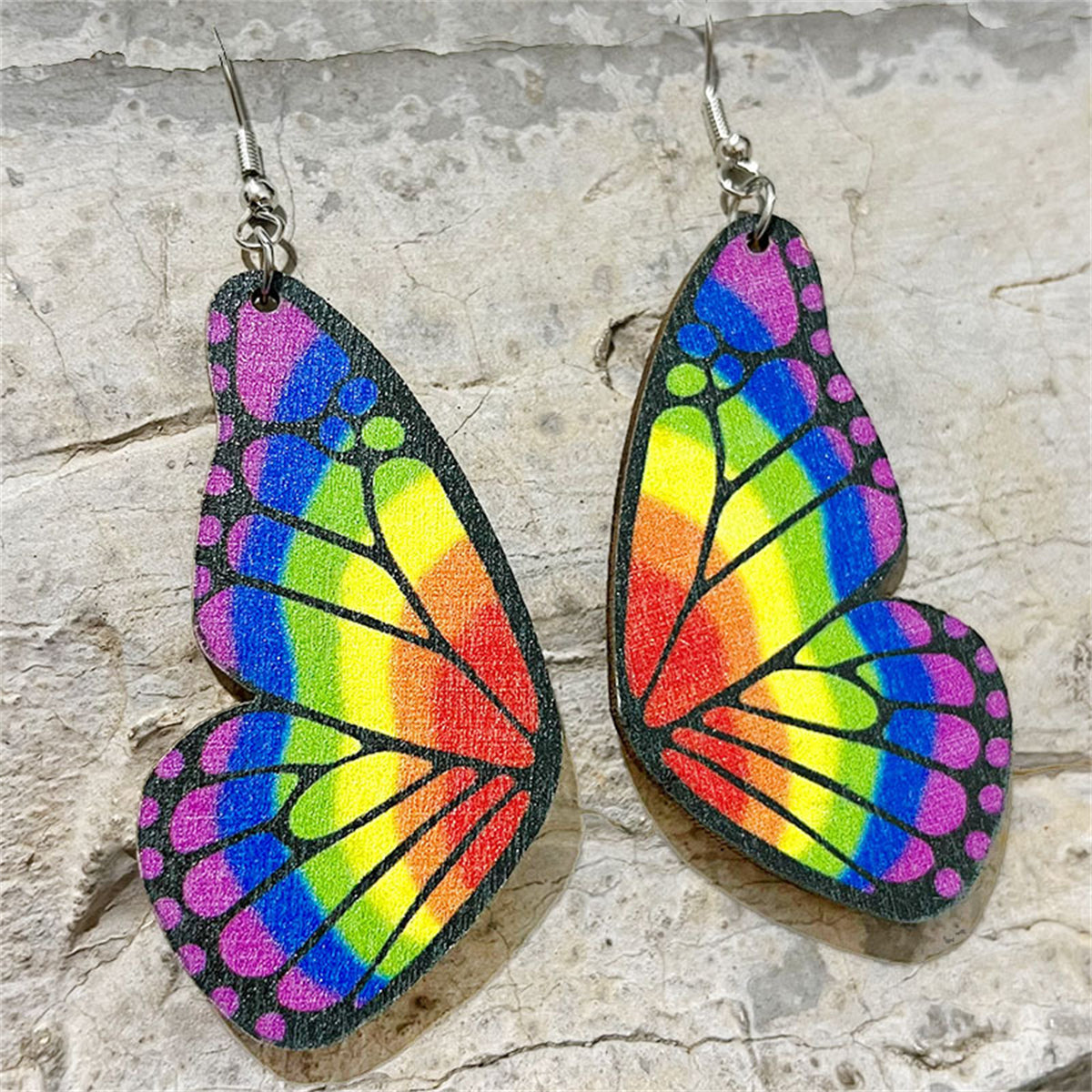 Red and Purple Rainbow Butterfly Drop Earrings, drop earrings for women, dainty minimalist design, front view