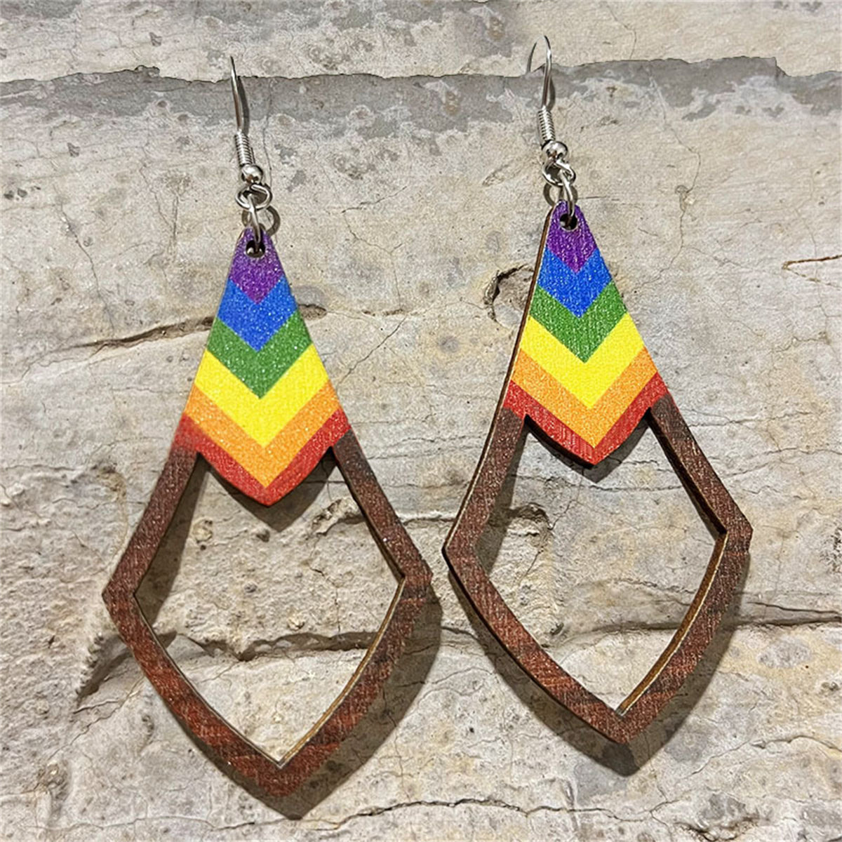 Wood Rainbow Chevron Open Rhombus Drop Earrings