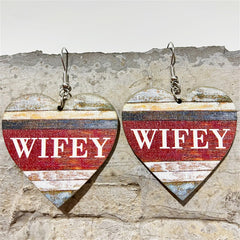 Red & Beige Wood 'Wifey' Heart Drop Earrings