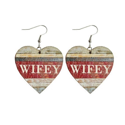 Red and Beige Wood 'Wifey' Heart Drop Earrings, drop earrings for women, elegant gift for her, front view