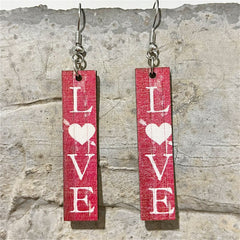 Red & White Wood 'Love' Bar Drop Earrings