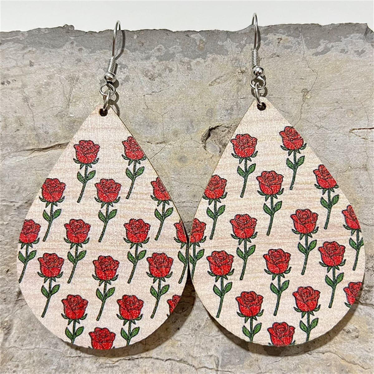 Beige and Red Wood Rose Teardrop Earrings, drop earrings for women, botanical inspired, front view