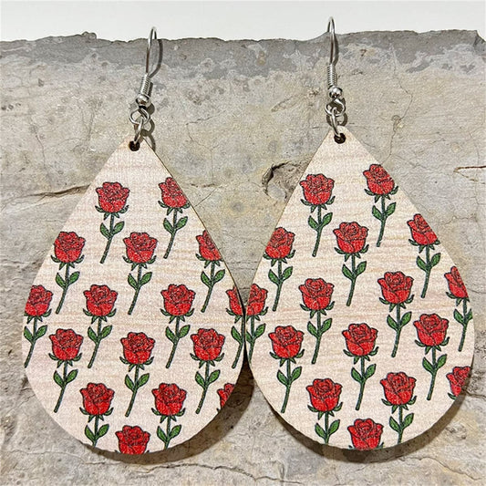 Beige and Red Wood Rose Teardrop Earrings, drop earrings for women, botanical inspired, front view