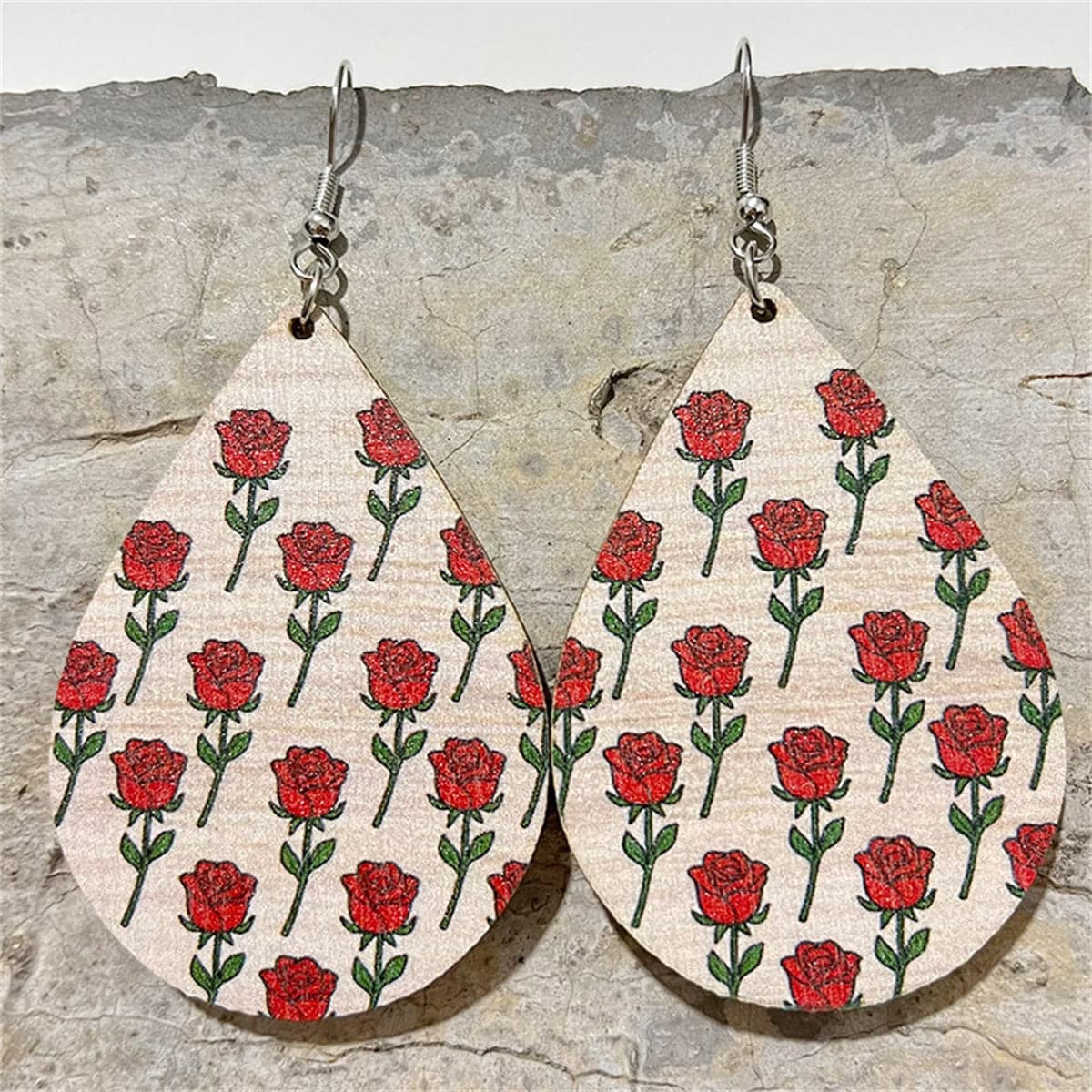 Beige & Red Wood Rose Teardrop Earrings