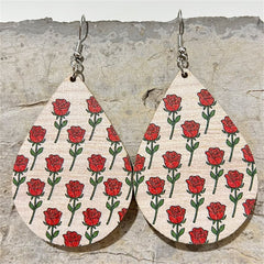 Beige & Red Wood Rose Teardrop Earrings