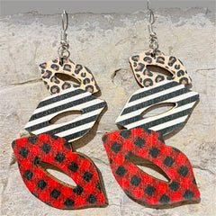 Red & White Wood Openwork Plaid Leopard Lips Drop Earrings