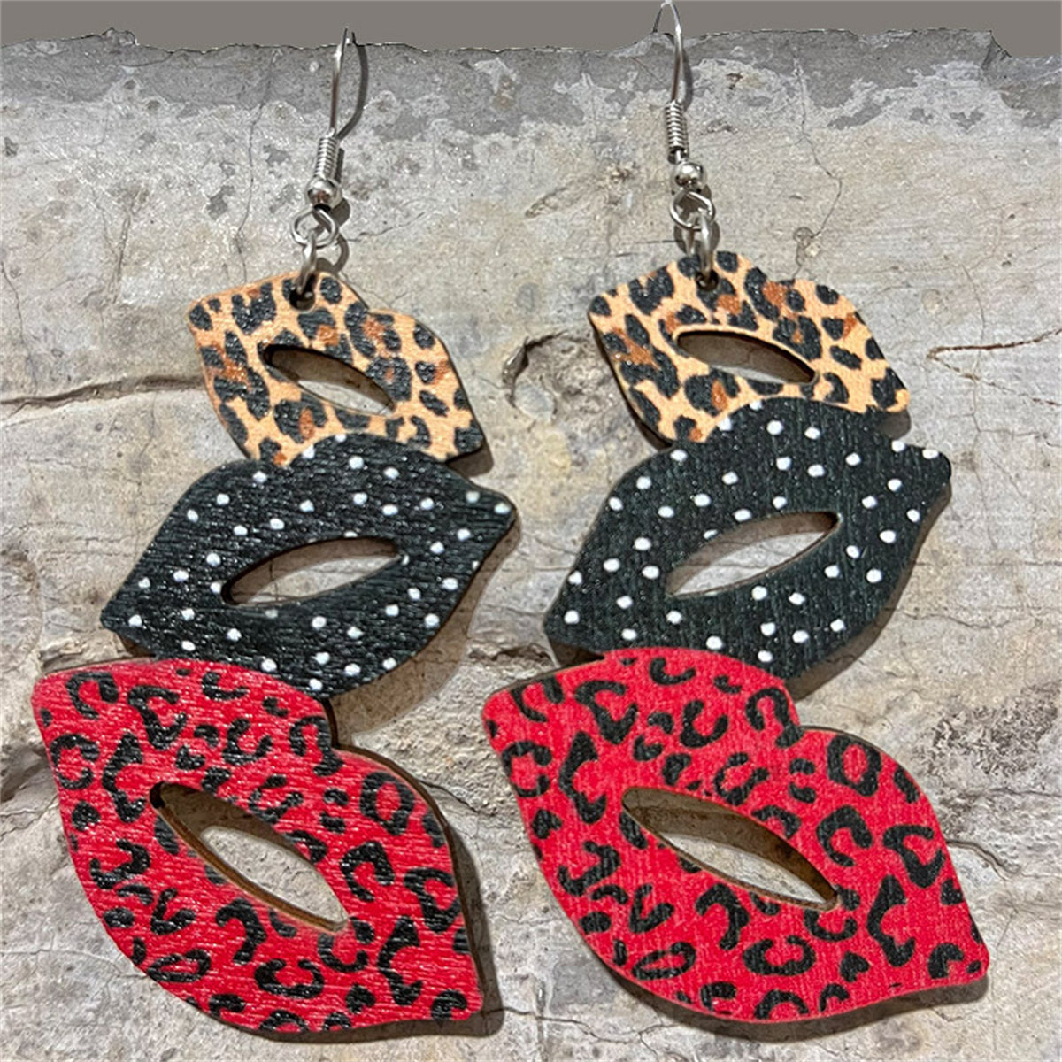 Red and Black Wood Openwork Leopard Dot Lips Drop Earrings, drop earrings for women, elegant gift for her, front view