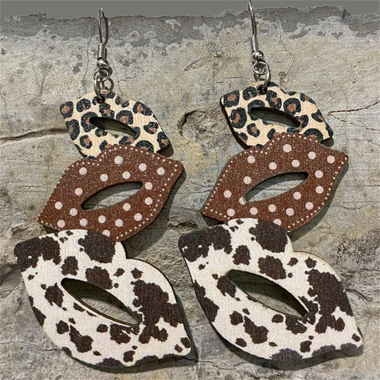 Brown and Silver-Plated Cow Print Three Lips Drop Earrings, silver drop earrings for women, elegant gift for her, front view