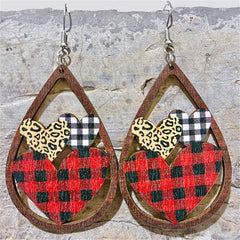 Red & Brown Wood Plaid Hearts Openwork Teardrop Earrings