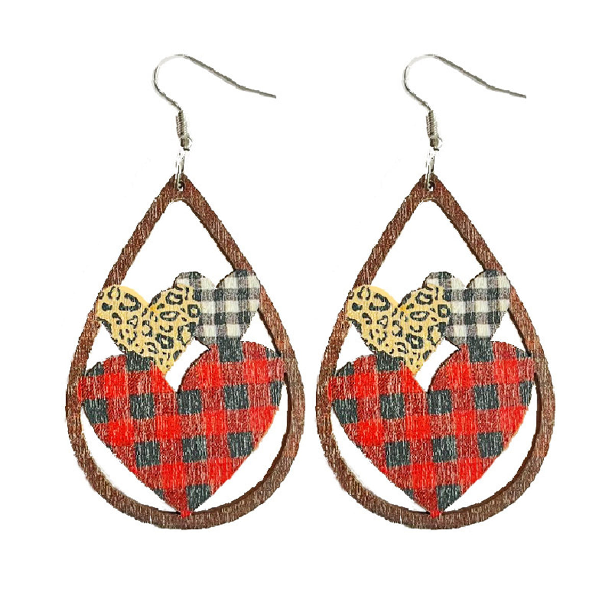 Red & Brown Wood Plaid Hearts Openwork Teardrop Earrings