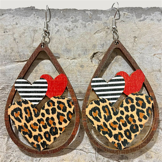Camel and Brown Wood Leopard Hearts Openwork Teardrop Earrings, drop earrings for women, vintage-inspired design, front view