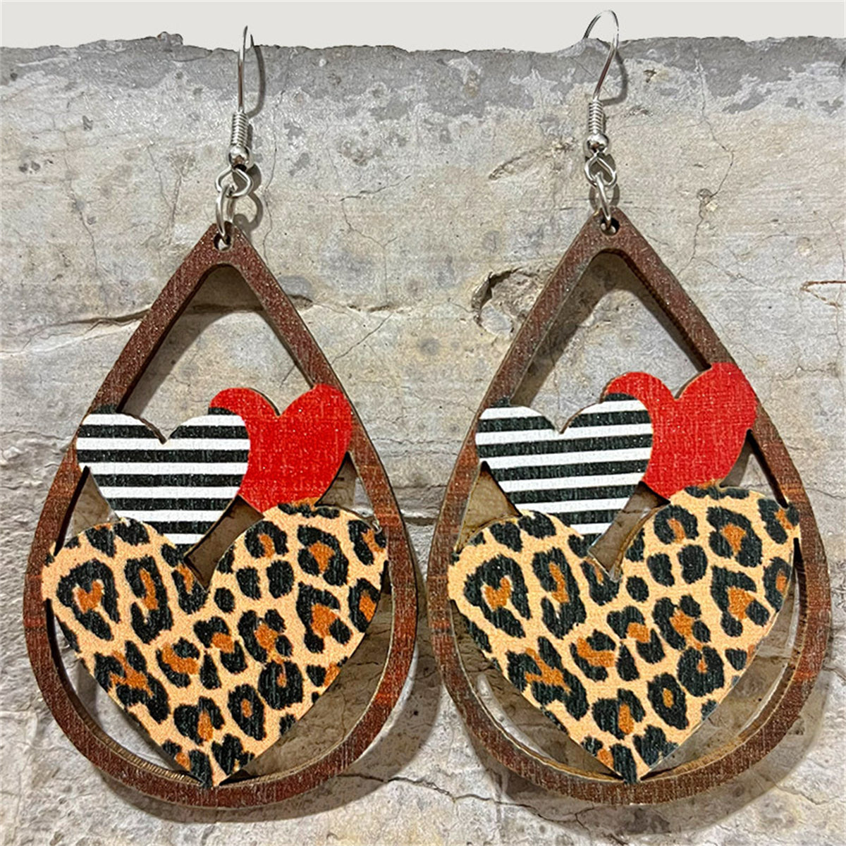 Camel & Brown Wood Leopard Hearts Openwork Teardrop Earrings