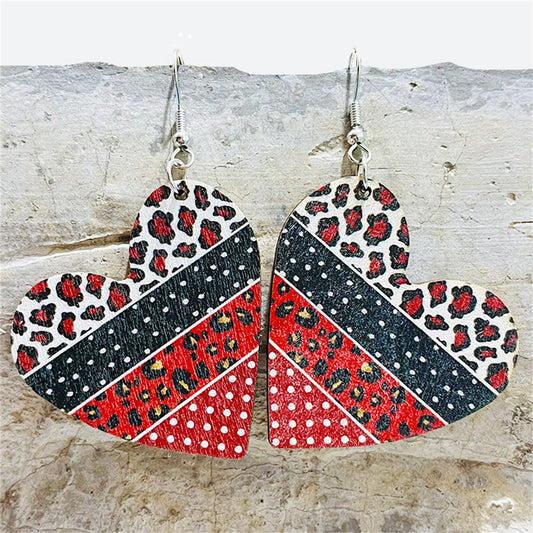Red and White Wood Leopard-Print Dot Heart Drop Earrings, drop earrings for women, dainty minimalist design, front view
