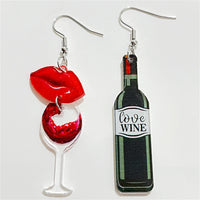 Red & Black 'Love Wine' Lip Wine Glass Mismatched Drop Earrings