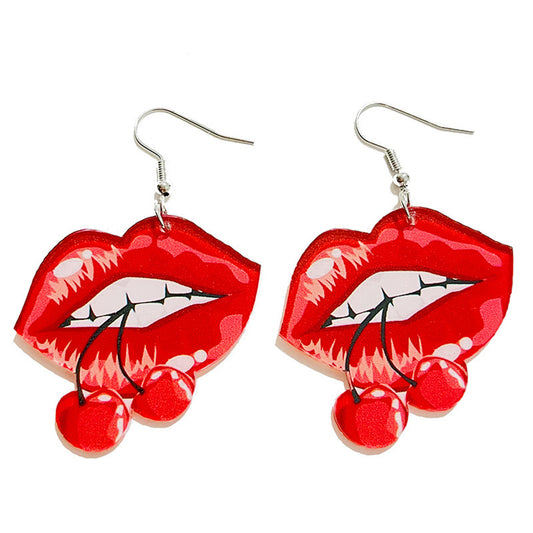 Red and White Lips Cherry Drop Earrings, drop earrings for women, vintage-inspired design, front view