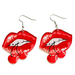 Red & White Lips Cherry Drop Earrings
