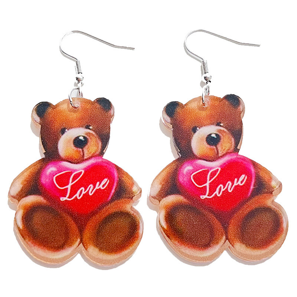 Brown & Pink 'Love' Bear Heart Drop Earrings