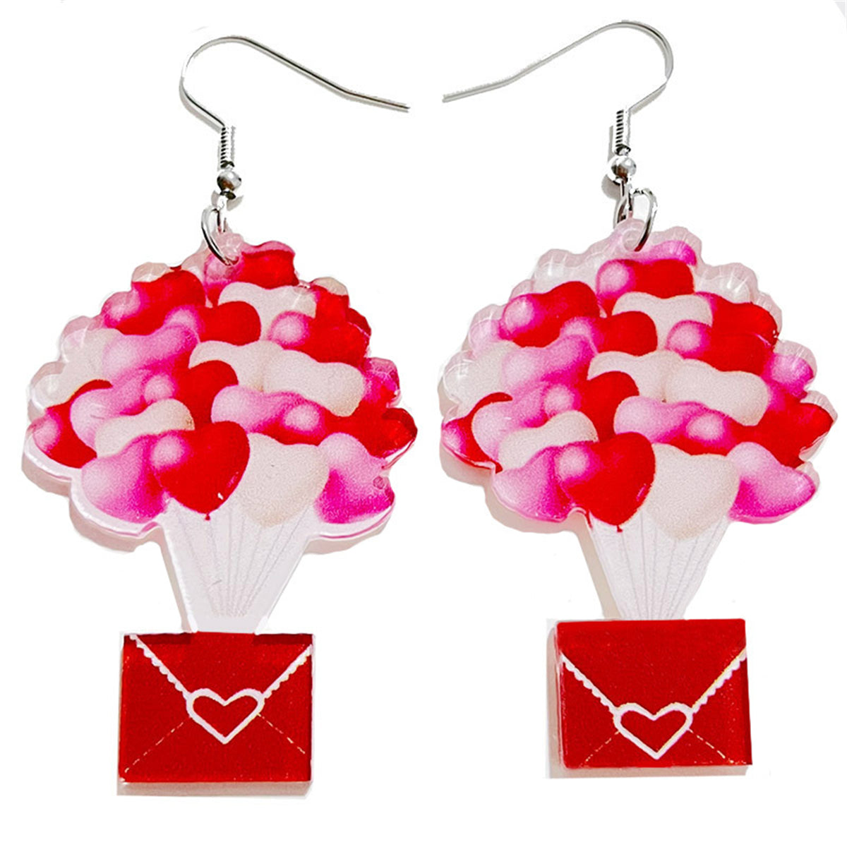 White and Red Heart Balloon Love Letter Drop Earrings, drop earrings for women, botanical inspired, front view