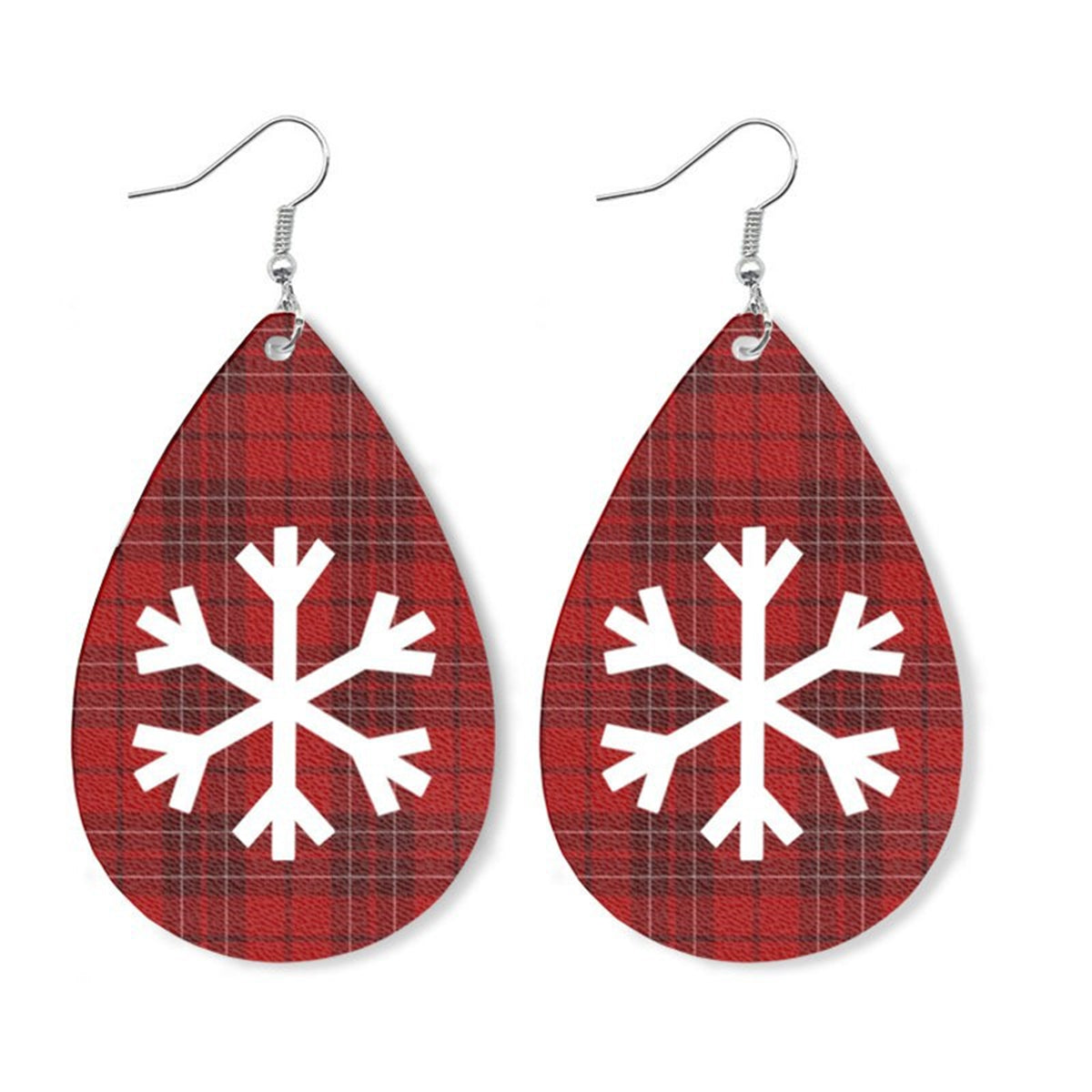 Red Polystyrene and Silver-Plated Plaid Snowflake Drop Earrings, silver drop earrings for women, front view