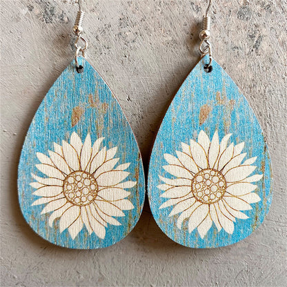 Aqua Wood and Silver-Plated Lotus Drop Earrings, silver drop earrings for women, everyday style, front view