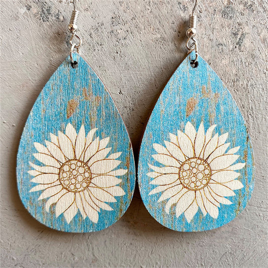 Aqua Wood and Silver-Plated Lotus Drop Earrings, silver drop earrings for women, everyday style, front view