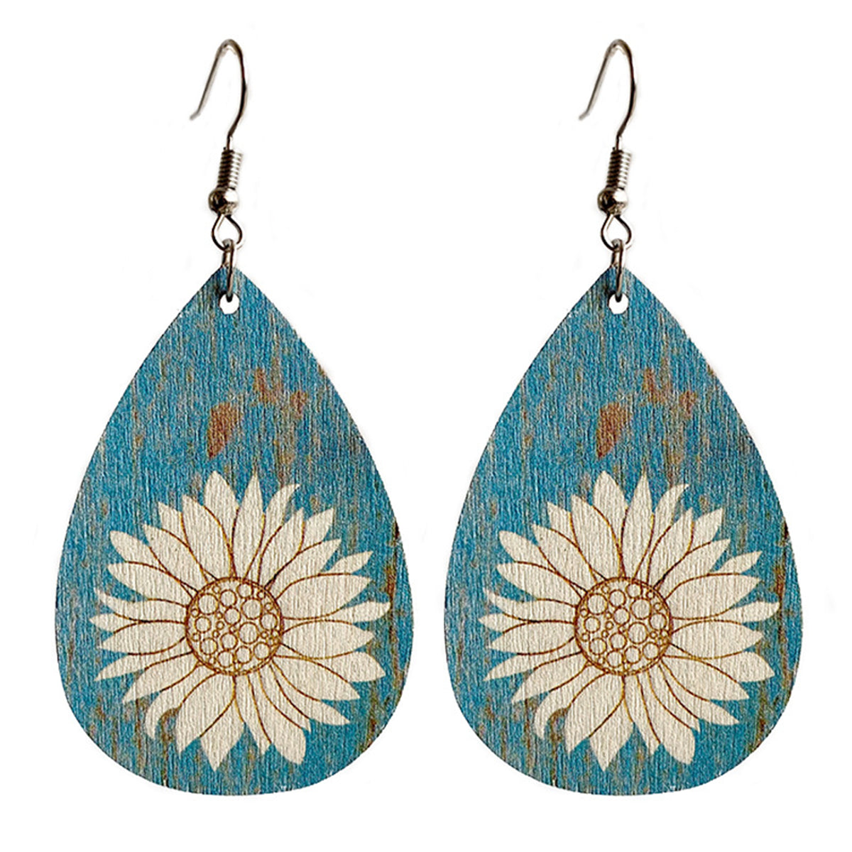 Aqua Wood and Silver-Plated Lotus Drop Earrings, silver drop earrings for women, everyday style, side view