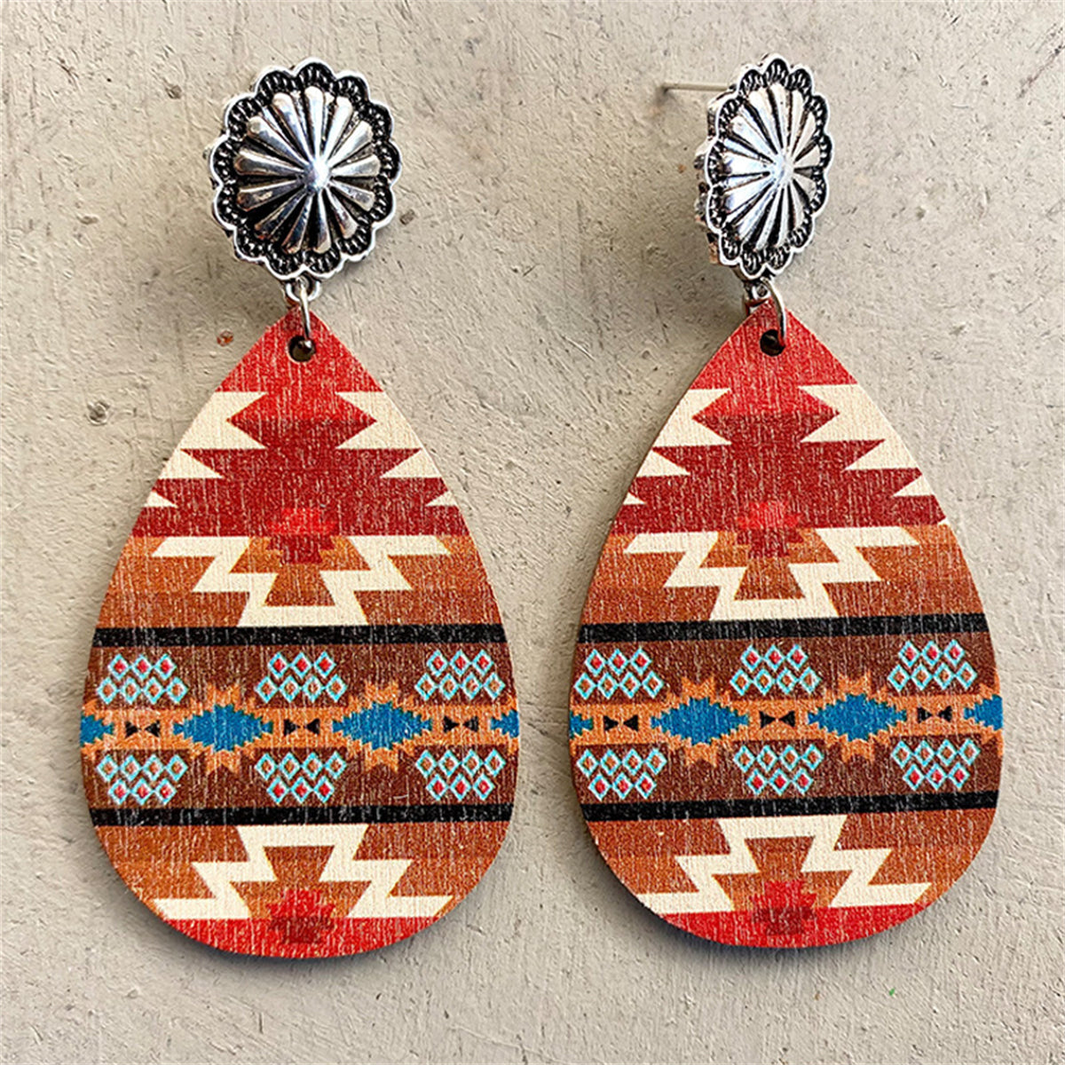 Red & Brown Wood Geometric Teardrop Earrings